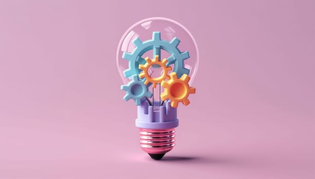 Light bulb and gears 3d render. Innovation concept. Insight icon isolated on pastel background. 3D Illustration. Pink,purple and blue. Glow Idea,teamwork,brainstorming design Space for text