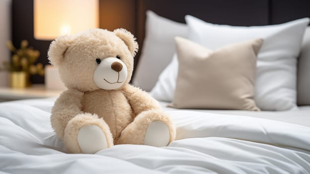 Adorable beige teddy bear, sitting in white bed, at evening