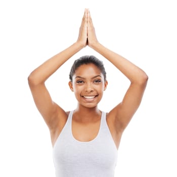 Woman, yoga and namaste pose in studio portrait, peace and spiritual awareness or mindfulness. Happy person, meditation and exercise or fitness for wellness, smile and chakra by white background.