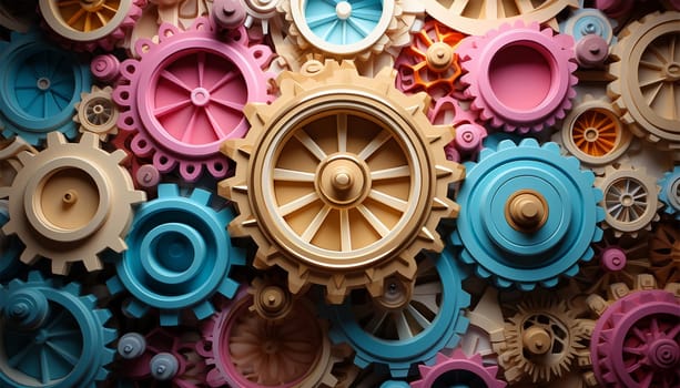 Creative business idea concept. Teamwork, process and workflow management and Cogs and gear wheel mechanisms. Hi-tech digital technology and engineering. Abstract technical background. modern design pastel
