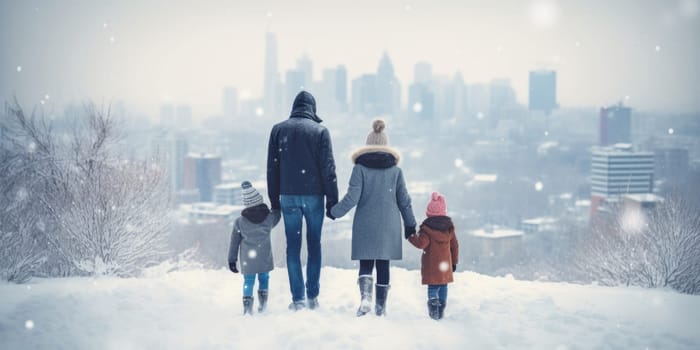 Happy family Father, mother and children are having fun and playing on snowy winter walk in nature. comeliness