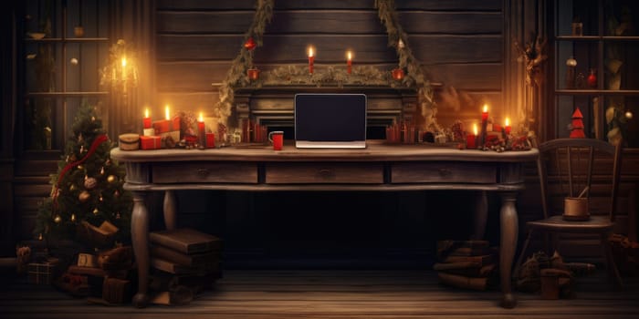 wider view of wooden desk with christmas decor at home in winter comeliness