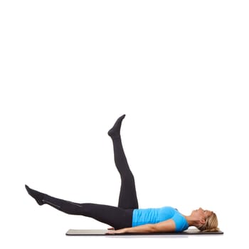 Woman, pilates and mat in studio for stretching, fitness or workout for healthy body, wellness or core muscle. Person, exercise or yoga on floor for health on mock up space or white background.