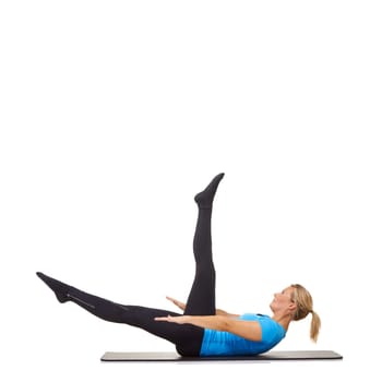 Woman, pilates and mat in studio for stretching legs, fitness or workout for healthy body, wellness or core muscle. Person, exercise or yoga on floor for abdomen on mockup space or white background.