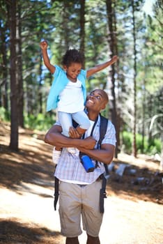 Father, child and forest nature for hiking park path on weekend for trees explore, journey or vacation. Black person, daughter and celebrate in summer for holiday together, woods travel or sunshine.