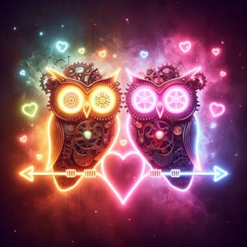 steampunk owl king and queen in love neon sign valentines illustration concept rusty background generative ai art