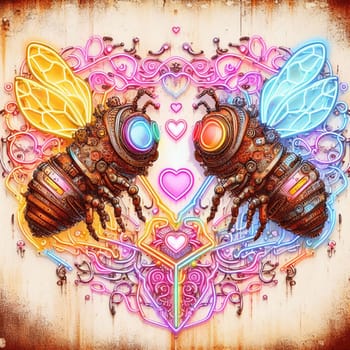 steampunk bee king and queen in love neon sign valentines illustration concept rusty background generative ai art