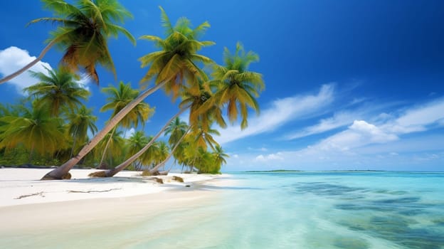 Palm tree on a tropical beach with blue sky and white clouds. selective focus. sea Generative AI,