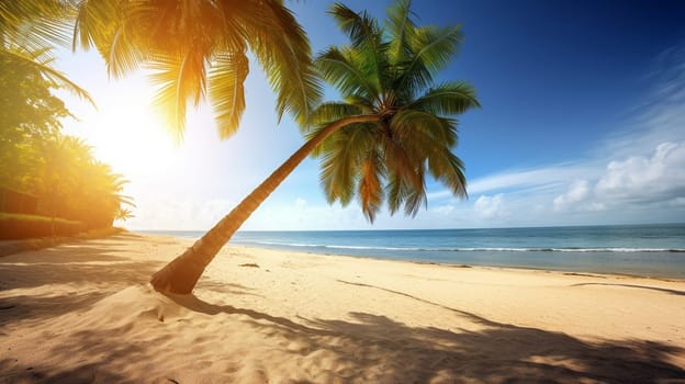 Palm tree on a tropical beach with blue sky and white clouds. selective focus. sea Generative AI,