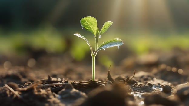 A young plant with a drop of water in the sun, a growing plant grows. nature Selective focus. Generative AI,