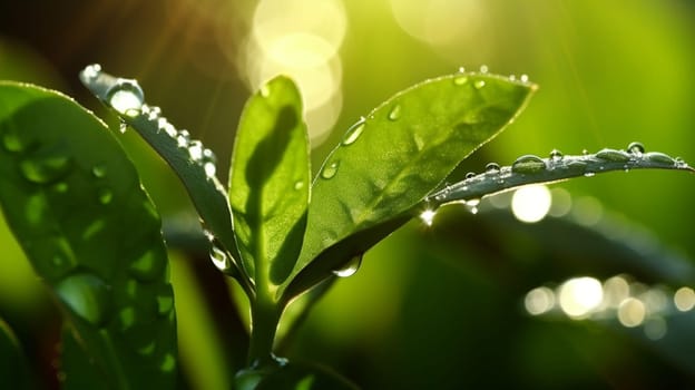 A young plant with a drop of water in the sun, a growing plant grows. nature Selective focus. Generative AI,