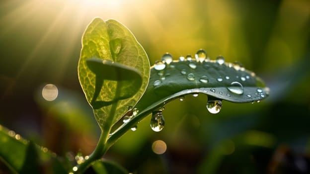 A young plant with a drop of water in the sun, a growing plant grows. nature Selective focus. Generative AI,