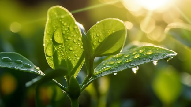 A young plant with a drop of water in the sun, a growing plant grows. nature Selective focus. Generative AI,