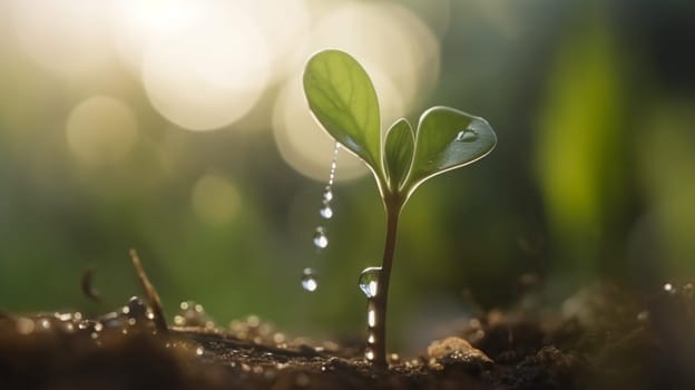 A young plant with a drop of water in the sun, a growing plant grows. nature Selective focus. Generative AI,