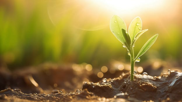 A young plant with a drop of water in the sun, a growing plant grows. nature Selective focus. Generative AI,