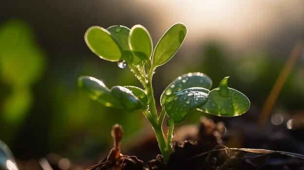 A young plant with a drop of water in the sun, a growing plant grows. nature Selective focus. Generative AI,