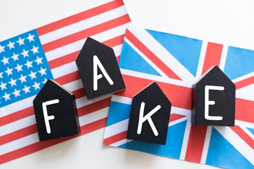 3d render, fake news lettering in front of Realistic Wavy Flag of United Kingdom