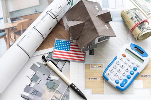 Architectural plan, laptop, dividers ,pencil ,pen ,ruler, glasses and smartphone and blueprint on wooden table. Side View. High quality photo