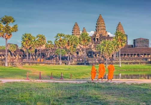 Famous Angkor Wat temple and monks, Cambodia