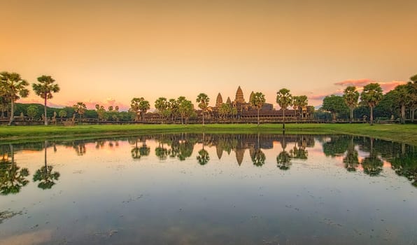 Famous Angkor Wat temple at sunset, Cambodia