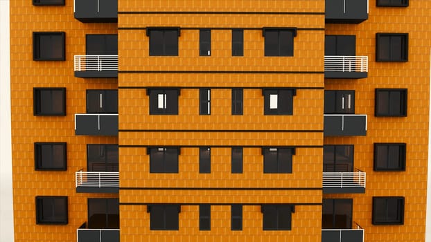 Abstract facade of the residential high-rise building isolated on white background. Animated 3D model of the multi storey building.