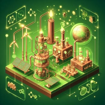 info graphic isometric depicting a set of clean energyy generation icons and situation for better future ai art