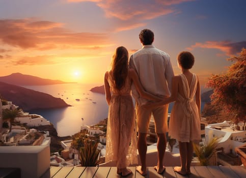 Family silhouettes on a tropical sunset background and travel infographics. High quality photo