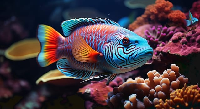 Colorful clown fish swim in African reef generated by artificial intelligence. High quality photo