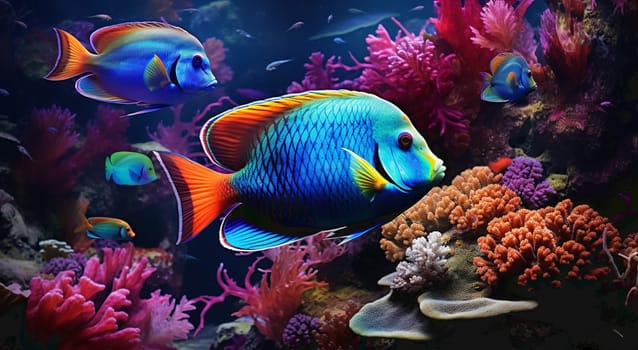 Colorful clown fish swim in African reef generated by artificial intelligence. High quality photo