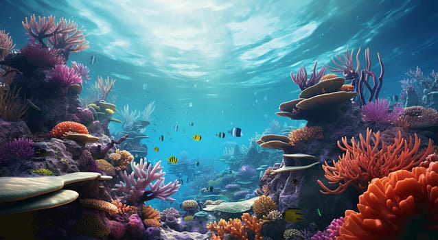 Underwater view of the coral reef. Ecosystem. Life in tropical waters. High quality photo