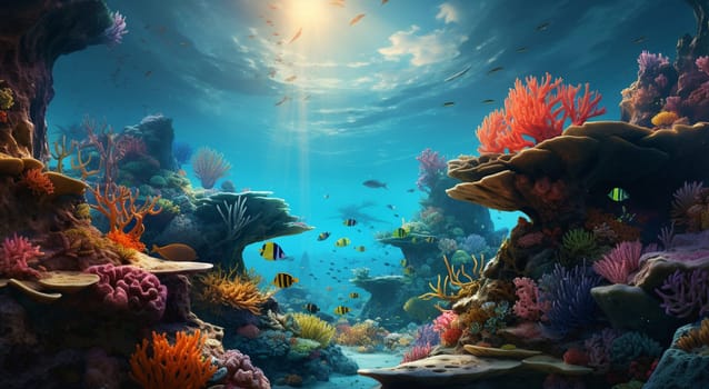 Underwater view of the coral reef. Ecosystem. Life in tropical waters. High quality photo