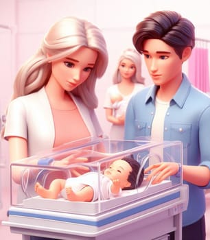 illustration depicting medical staff people at the hospital take care of newborn baby ai generated