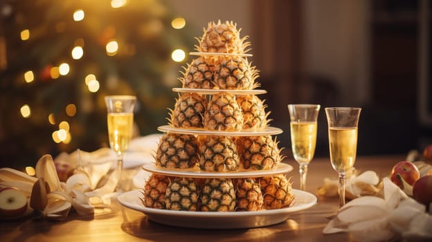 several golden pineapples stand on plates on the table, in the form of a pyramid, next to glasses of champagne.