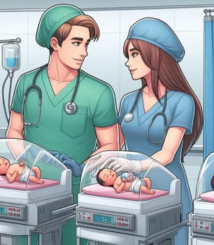 illustration depicting medical staff people at the hospital take care of newborn baby ai generated