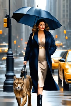 Vibrant classy lady, wearing black winter coat and high heels, umbrella hat, walking with a adult black feline, 5th avenue, manhattan, stormy, raining season, 3d render, illustration, ai art generated