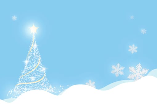 .Blue Christmas background with snowflakes and Christmas tree.