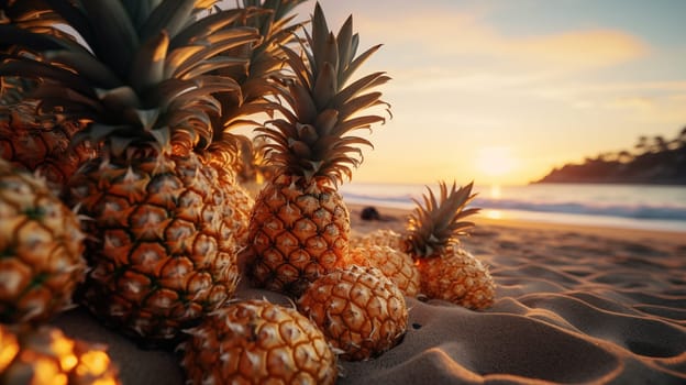 Several Pineapples lie on the sand on the beach, at sunset.