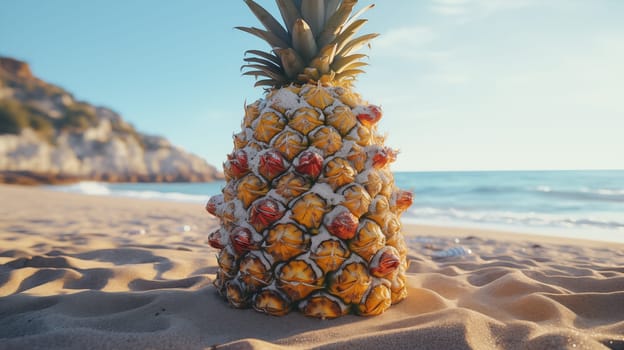 Close up of pineapple standing on the sand on the beach