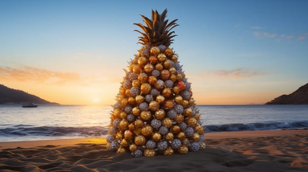 A pyramid of gold and red balls, in the shape of a large pineapple, stands on the sand on the beach. Christmas concept on the beach.