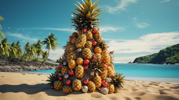 Pyramid of pineapples with balls standing on the sand on the beach. Tropical Christmas concept on the beach.