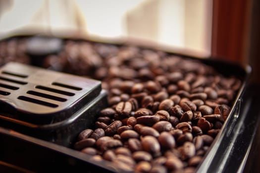 close up of coffee beans in a coffee maker with space for inscription. High quality photo