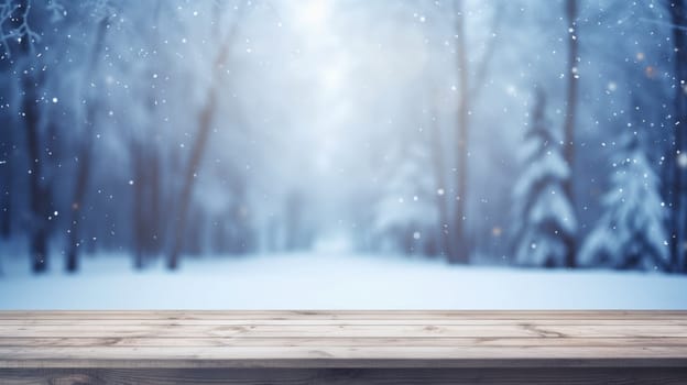 Empty table in beautiful winter landscape, wood plank board in snow mountain outdoor comeliness