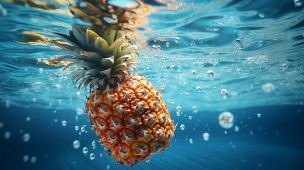 Fresh pineapple falls under light-blue water, with splashes and air bubbles. Copy space