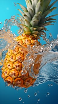Fresh pineapple falls in light-blue water, with splashes and air bubbles.Vertical