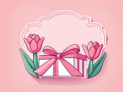 Mother's day poster bouquet tulips, gift box on pink background, March 8 and women's day concept