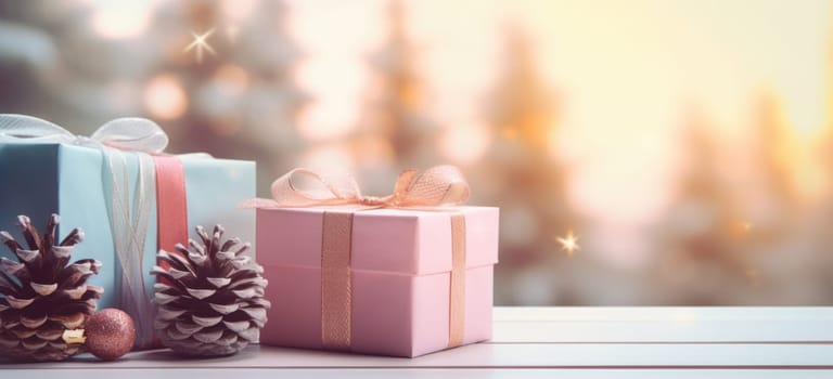 Christmas gift boxes on a wood table ready for joyful holiday celebration, merry Christmas and happy new year 2024 festival comeliness