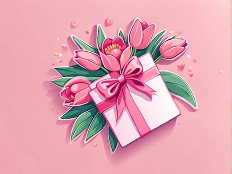 Mother's Day decorations concept. Top view of trendy gift boxes with ribbon bows and tulips on pastel pink background with copyspace, March 8 and Women's Day
