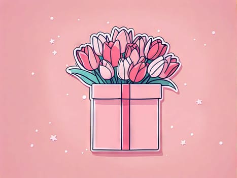 Mother's day poster bouquet tulips, gift box on pink background, March 8 and women's day concept