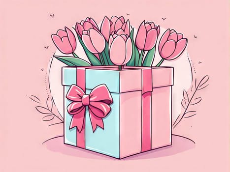 Mother's day poster bouquet tulips, gift box on pink background, March 8 and women's day concept