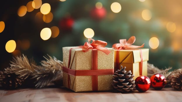 Christmas gift boxes on a wood table ready for joyful holiday celebration, merry Christmas and happy new year 2024 festival comeliness